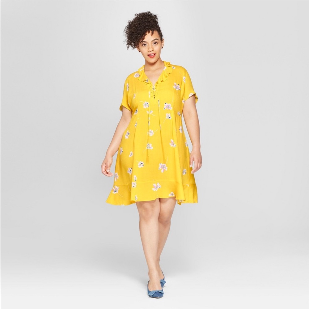 WHO WHAT WEAR YELLOW SHORT SLEEVES FLORAL DRESS SIZE M